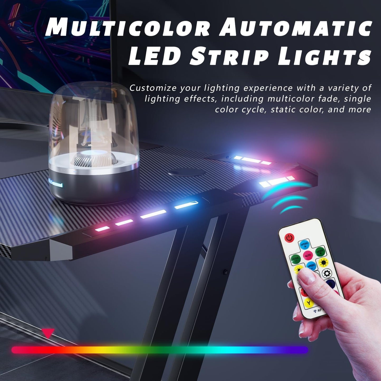 HLDIRECT 47 Inch Gaming Desk with LED Lights, Large RGB Computer Gaming Desk Table with Cup Holder Headphone Hook Mouse Pad, Ergonomic Modern Carbon Fiber Mesa Gamer Pc Work Home Office Desks, Black