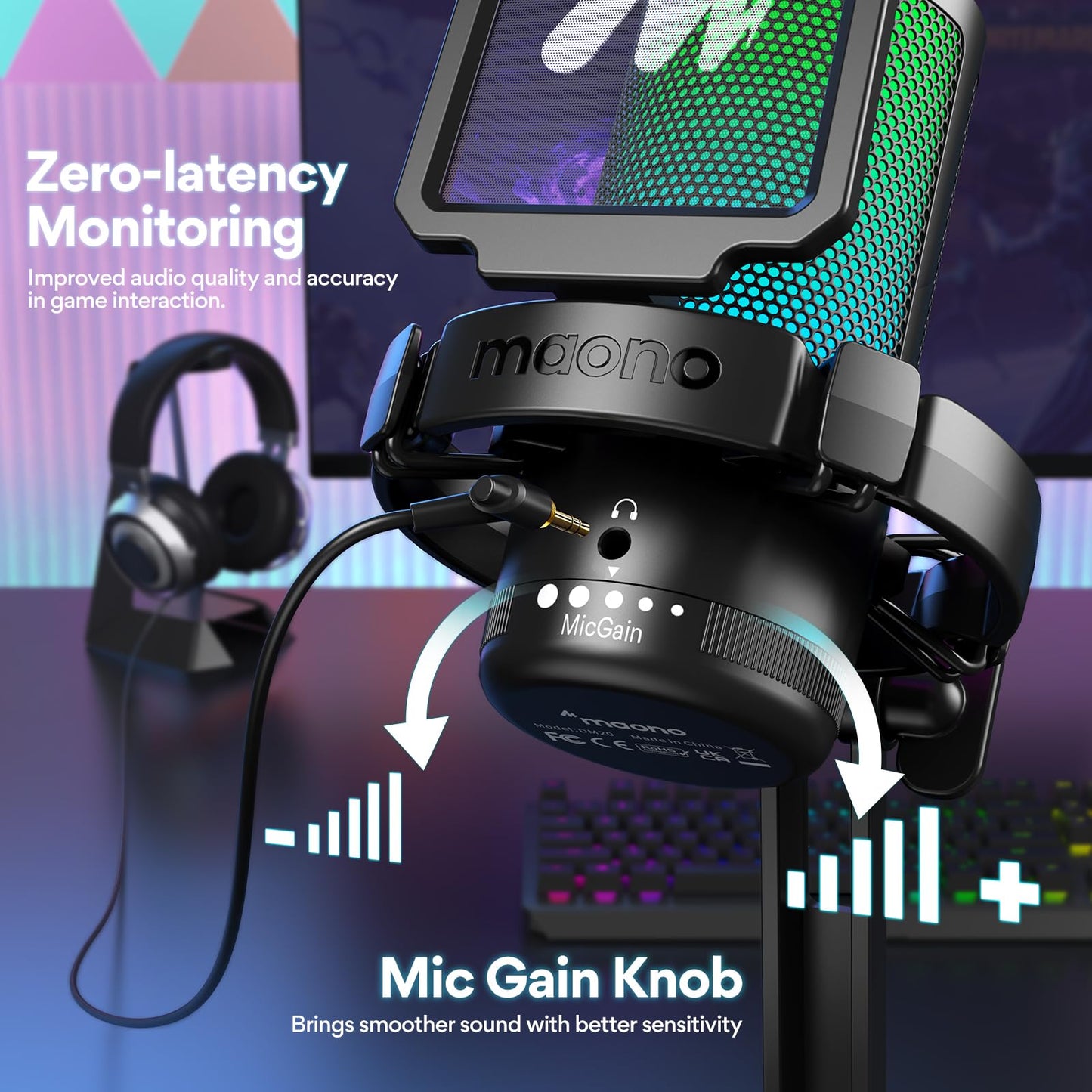 MAONO USB Gaming Microphone for PC, Noise Cancellation Condenser Mic with RGB Lights, Mute, Gain for Streaming, Recording, Podcast, Chat, Twitch, YouTube, Discord, Computer, PS5, PS4, GamerWave