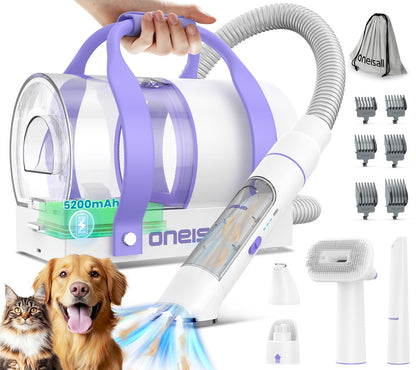 oneisall Cordless Low Noise Dog Grooming Vacuum,5200 mAh Dog Grooming Kit with Clippers,Nail Grinder,Trimmer,2L Dustbin for Shedding with Grooming Tools-Quiet Suitable for All Breeds,Comfy C1