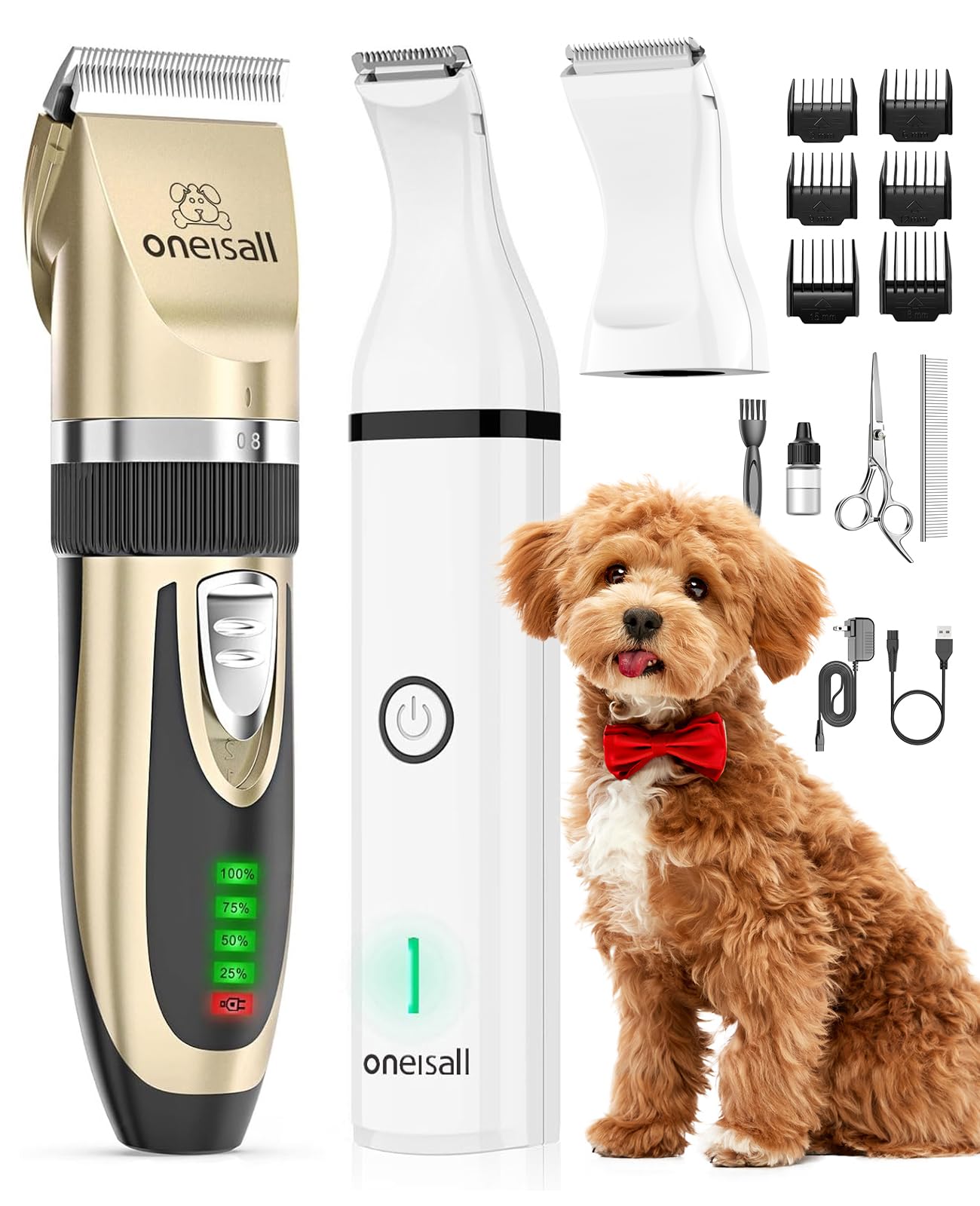 oneisall Dog Clippers and Paw Trimmer Kit 2 in 1 Low Noise Cordless Dog Clippers for Grooming Pet Hair Trimmers for Small and Large Dogs Cats Animals