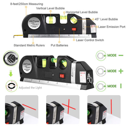 Laser Level Line Tool, Multipurpose Laser Level Kit Standard Cross Line Laser leveler Beam Tool with Metric Rulers 8ft/2.5M for Picture Hanging cabinets Tile Walls by AikTryee.