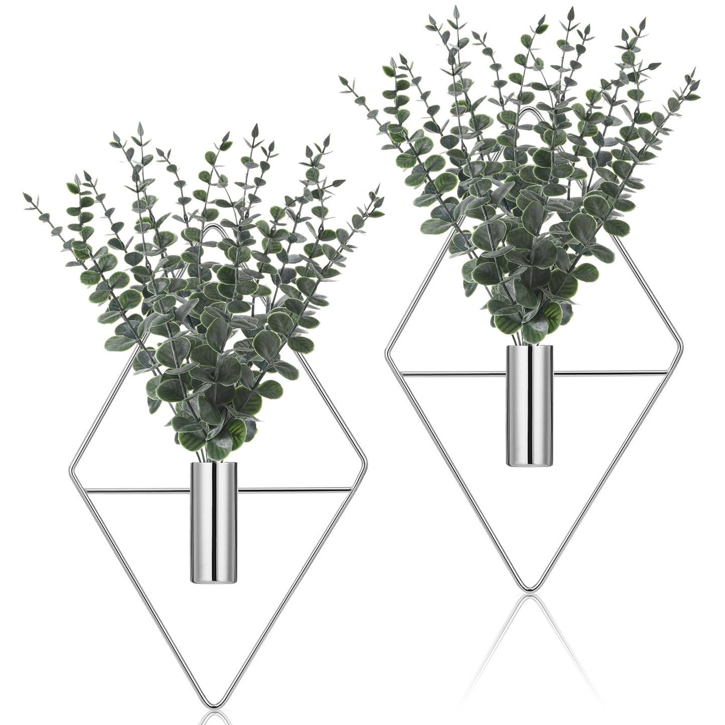 Jexine Hanging Planters with Artificial Eucalyptus Metal Hanging Vase Indoor Plants Holder Modern Geometric Boho Bathroom Wall Decor for Living Room Home Office(Chrome Sliver,4 Pcs)