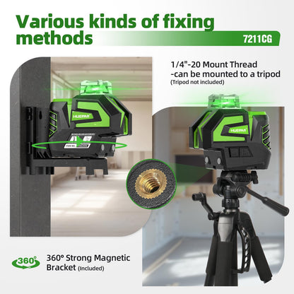 Huepar Self Leveling Green Laser Level Cross Line with 2 Plumb Dots Laser Tool -360 Horizontal Line Plus Large Fan Angle of Vertical Beam -Li-ion Battery with Type-C Charging Port&Magnetic Base 7211CG