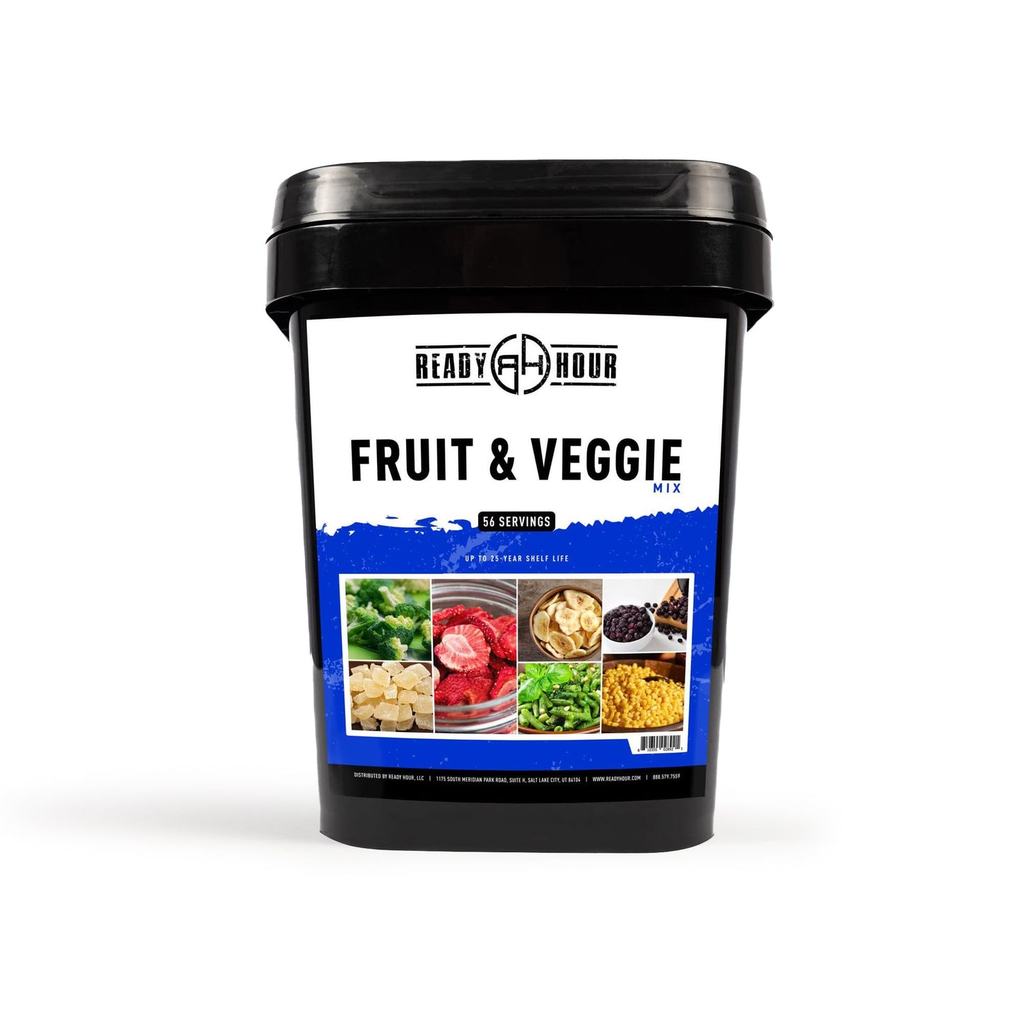 Ready Hour, Fruit & Veggie Mix, Non-Perishable Freeze-Dried Food, 30-Year Shelf Life, Portable Emergency and Adventure Food Supply, Durable Flood Safe Container, 56 Servings