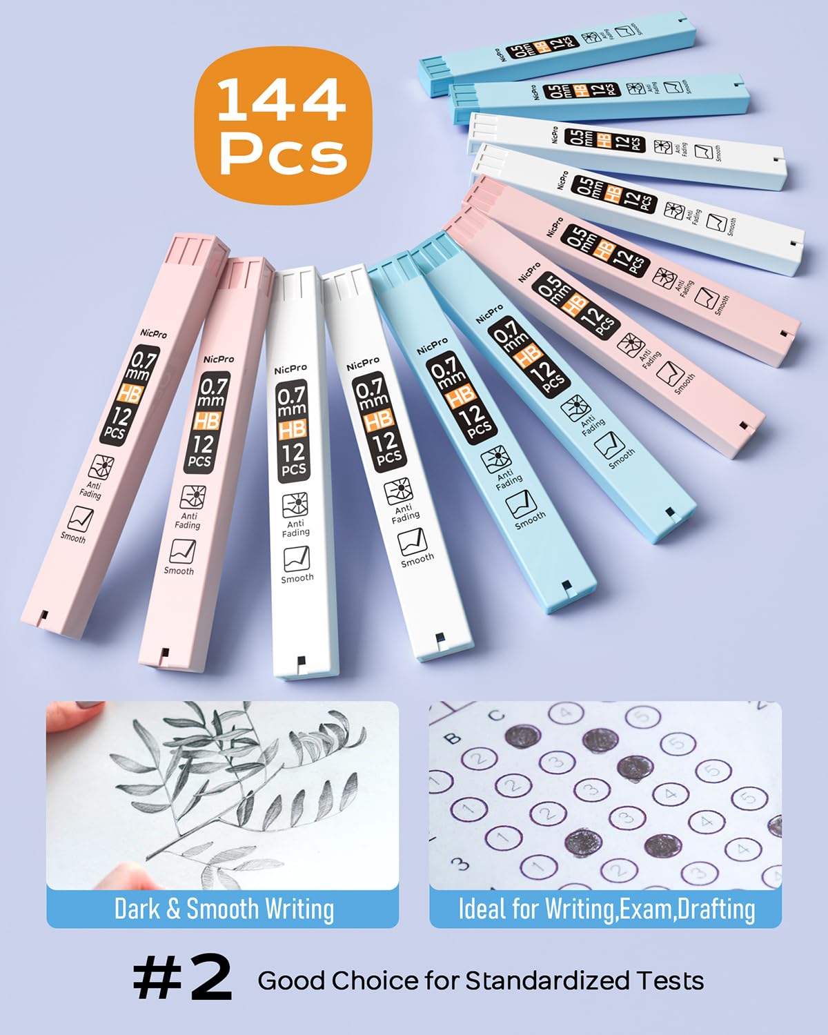 Nicpro 23PCS Pastel Mechanical Pencil 0.5 & 0.7 mm with Case for School, with 12 tubes HB Lead Refills, 3 Erasers, 9 Eraser Refills For Student Writing, Drawing, Sketching, Blue & Pink & White Colors