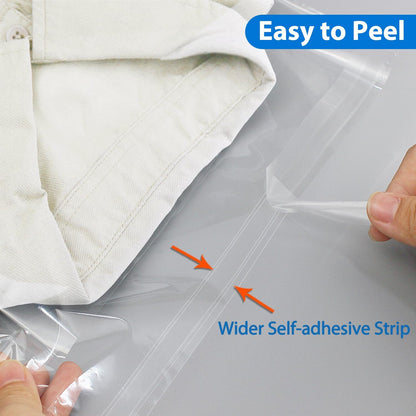 PigPotParty 10" x 13" Clear Plastic T-Shirt Bags with Clothing Size Stickers, 100 Pcs Cellophane Shirt Sleeves Packaging Bags for Small Business, Thick, Self-adhesive & Resealable