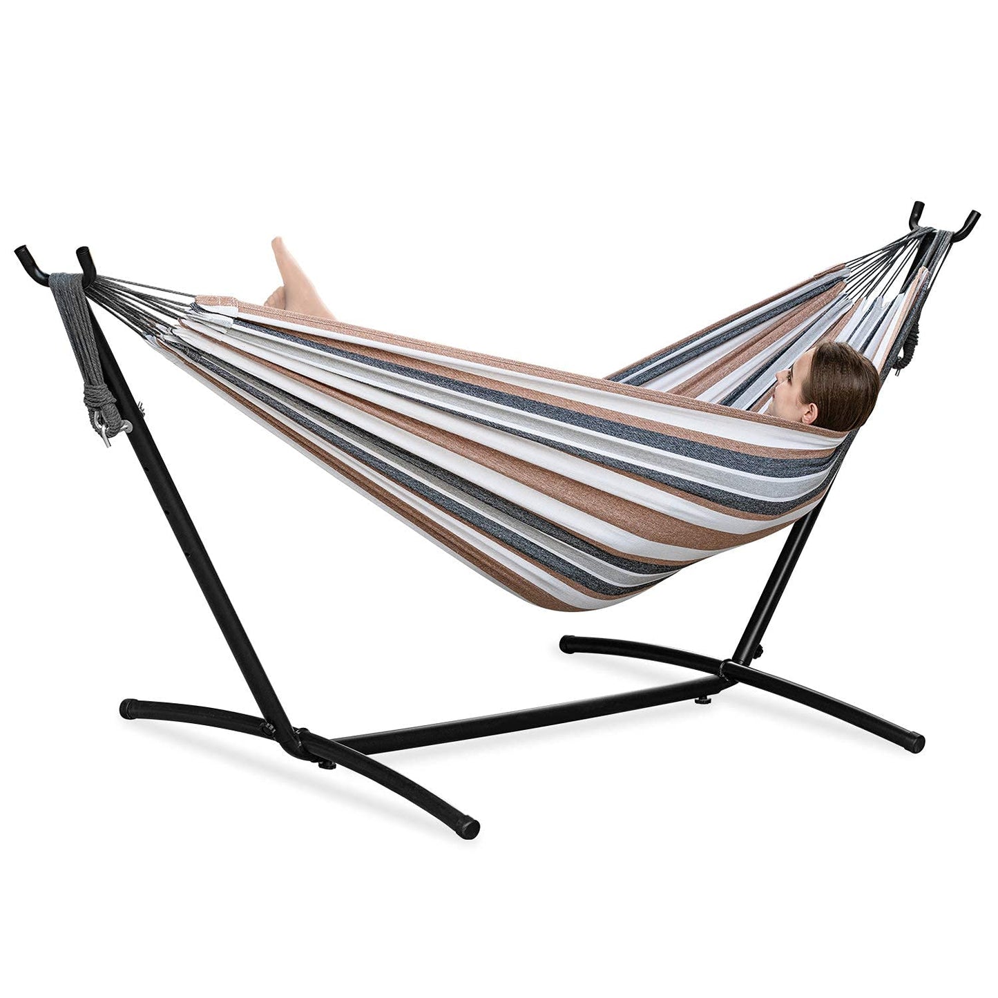 PNAEUT Double Hammocks with Stand for Outside, Portable Space Saving Heavy-Duty Steel Stand for Indoor Outdoor Patio with Carrying Bag, 450 lbs Capacity (Coffee)