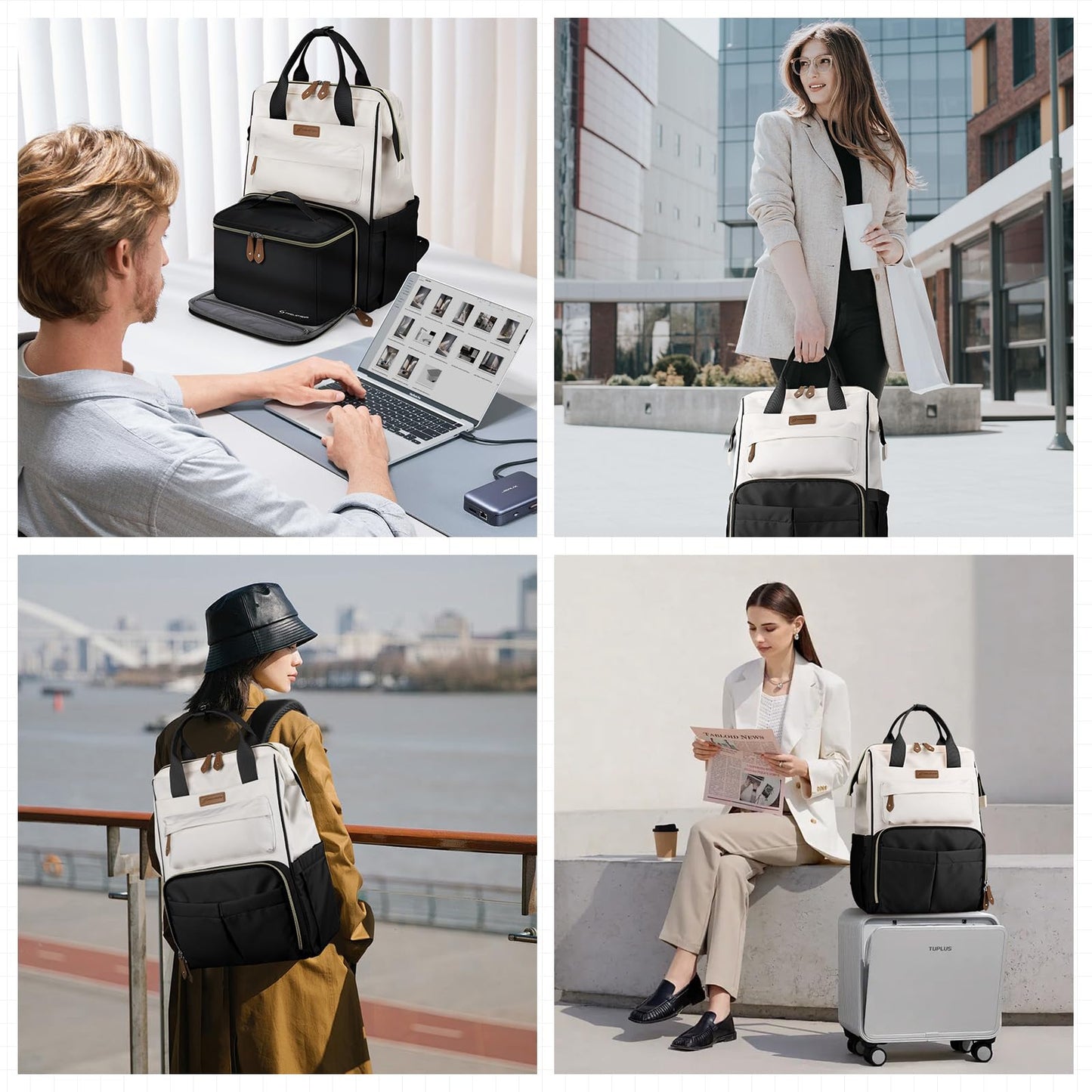 Maelstrom Travel Backpack for Women Men,Laptop Backpack Fits 15.6-17.3 Inch Laptop, Nurse/Teacher/Work Bag with Insulated Lunch Box,Water Resistant Carry On Backpack,Black-Beige