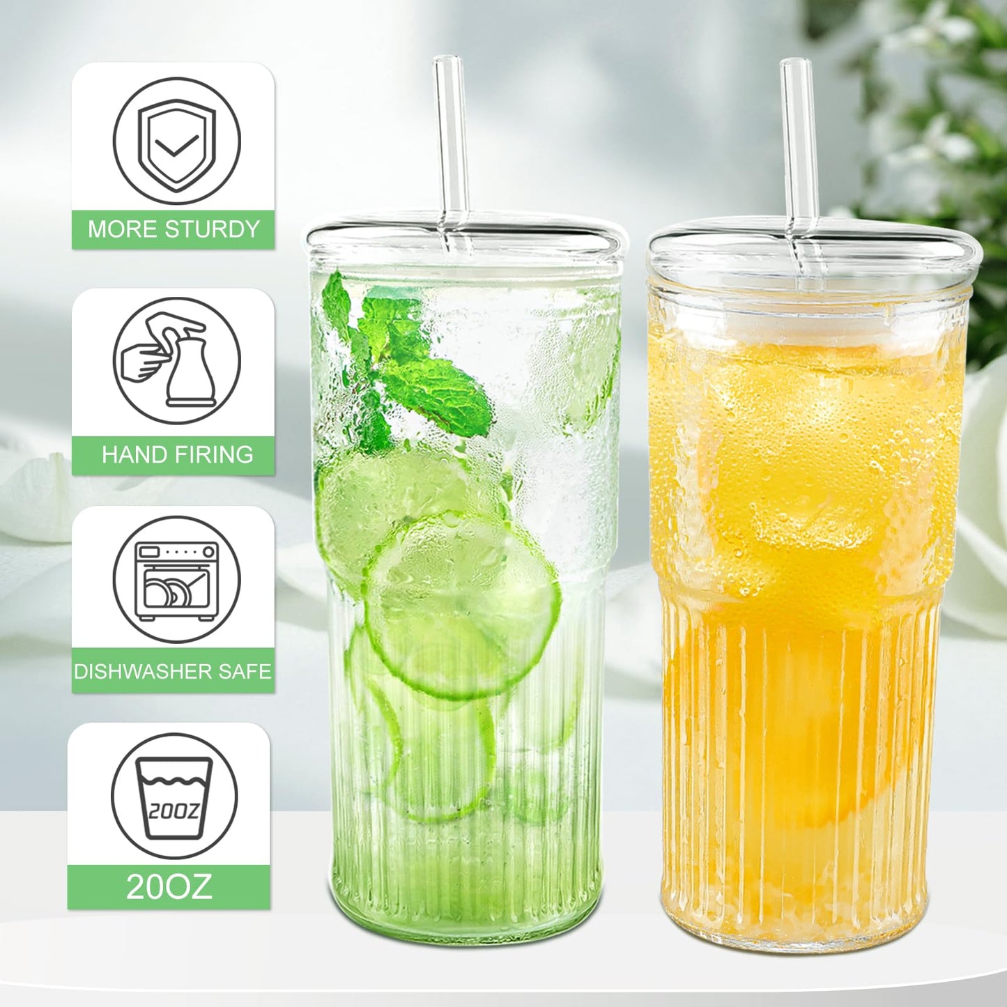 Luiaiog Glass Cups with Lids and Glass Straws, High Borosilicate 20OZ Tumblers (2Pcs) for Coffee, Tea, Juice, Smoothies, Hot/Cold Drinks at Home, Office
