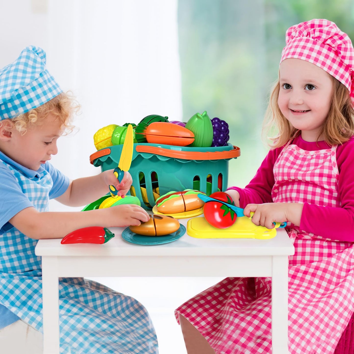 100 PCS Cutting Play Food Toy for Kids Kitchen, Pretend Food Toys for Toddlers, Play Kitchen Toys Accessories with 2 Baskets, Fake Food/Fruit/Vegetable, Birthday Gifts for 3 4 5 Years Old Boys Girls