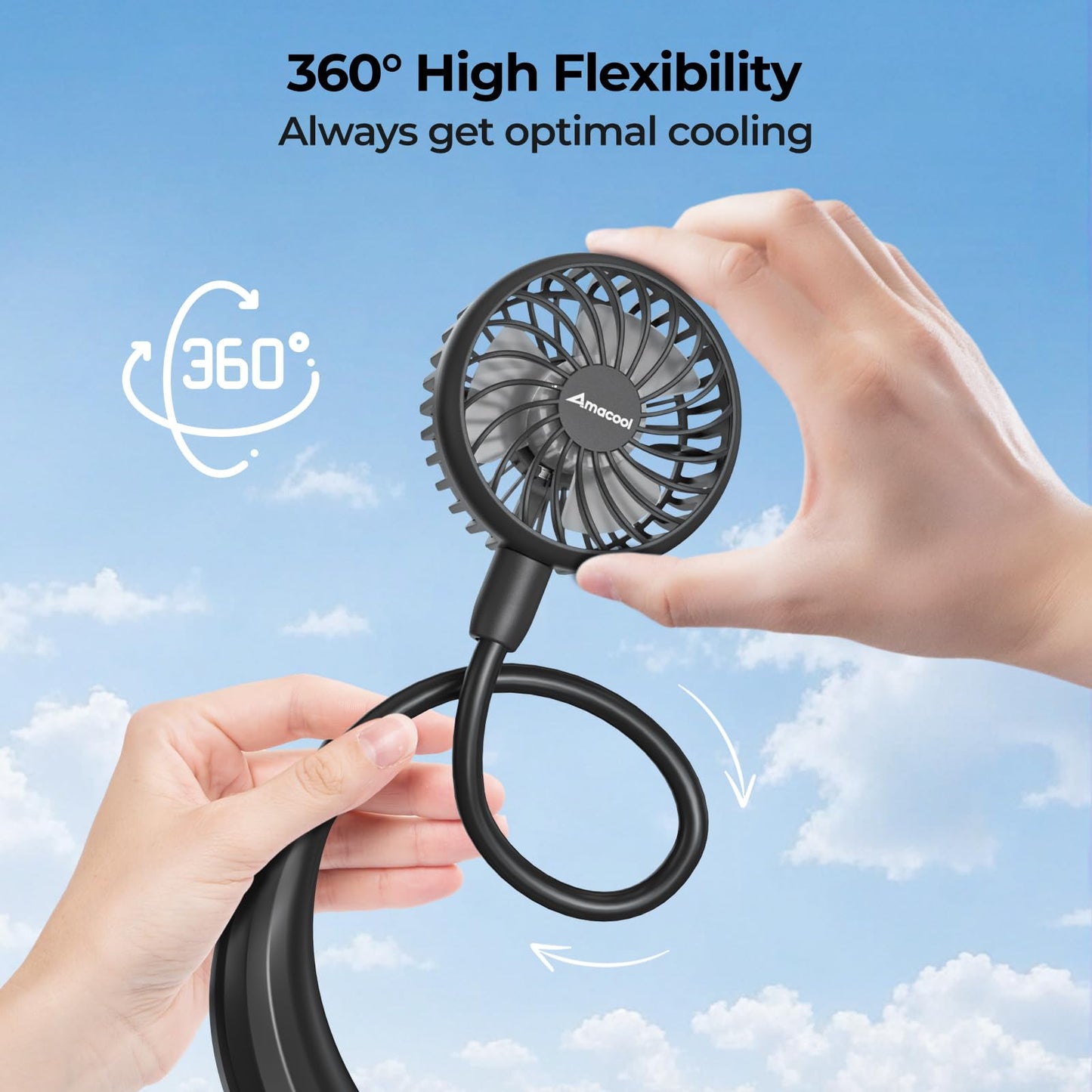 AMACOOL Neck Fan Battery Operated Neckband Fan Hand-Free Wearable Personal Fan for Hot Flashes Home Office Travel Outdoor Sports (Black)