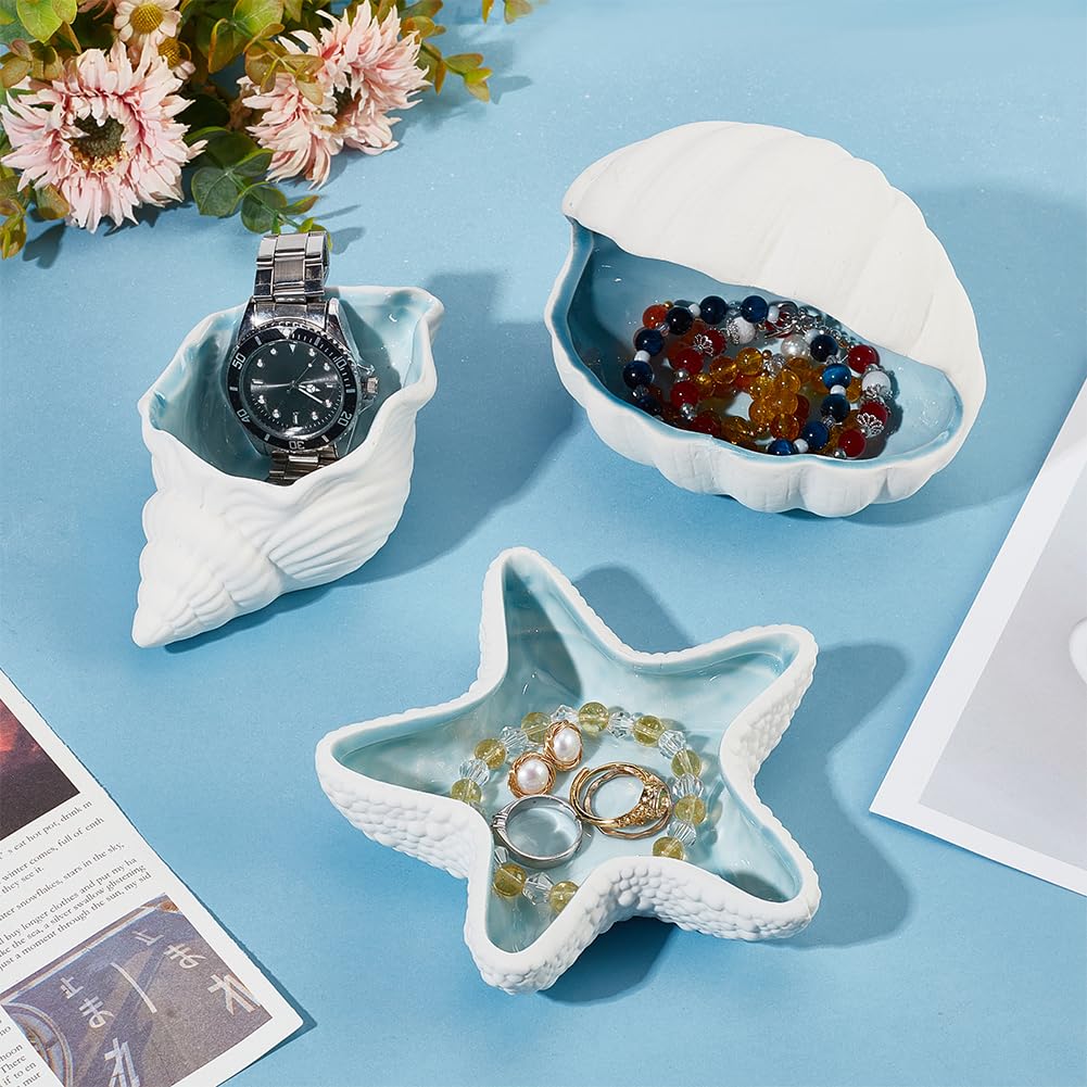 NBEADS Conch Shape Ceramic Jewelry Tray, Aqua Shell Trinket Dish Ceramic Ring Earring Holder Ocean-themed Decorative Trinket Plate for Rings Earrings Necklaces Bracelet Jewelry Watch Keys