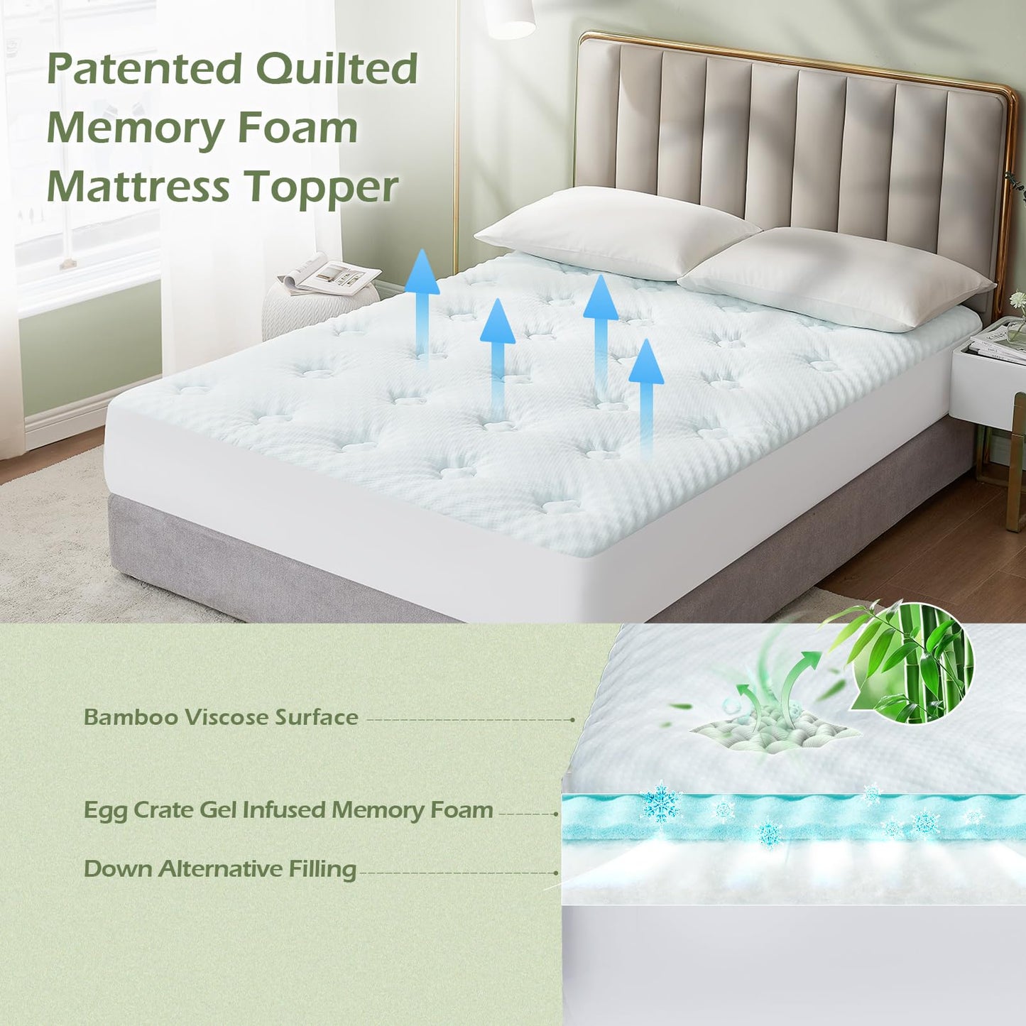 Hansleep Queen Mattress Topper Viscose Derived from Bamboo, Memory Foam Pillow Top Mattress Topper Queen with Deep Pocket, Breathable Mattress Pad for Back Pain Relief, 60" x80", White