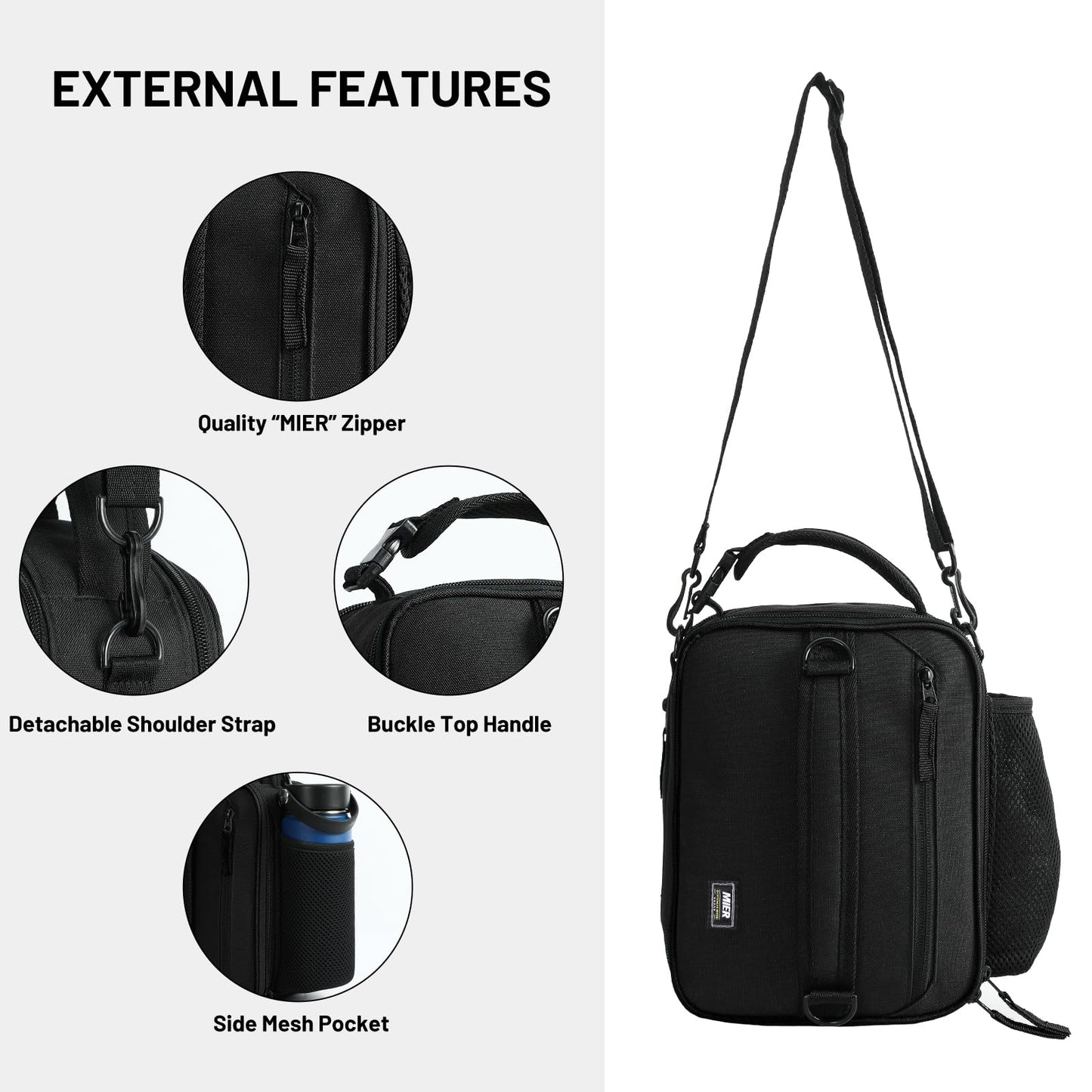 MIER Expandable Lunch Bag Insulated Lunch Box for Men to Work Travel Portable Lunchbox Bags with Shoulder Strap and Water Bottle Holder, Black