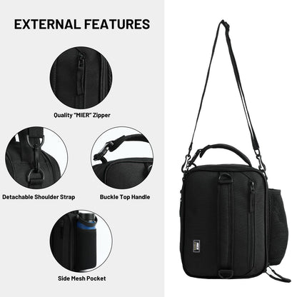 MIER Expandable Lunch Bag Insulated Lunch Box for Men to Work Travel Portable Lunchbox Bags with Shoulder Strap and Water Bottle Holder, Black