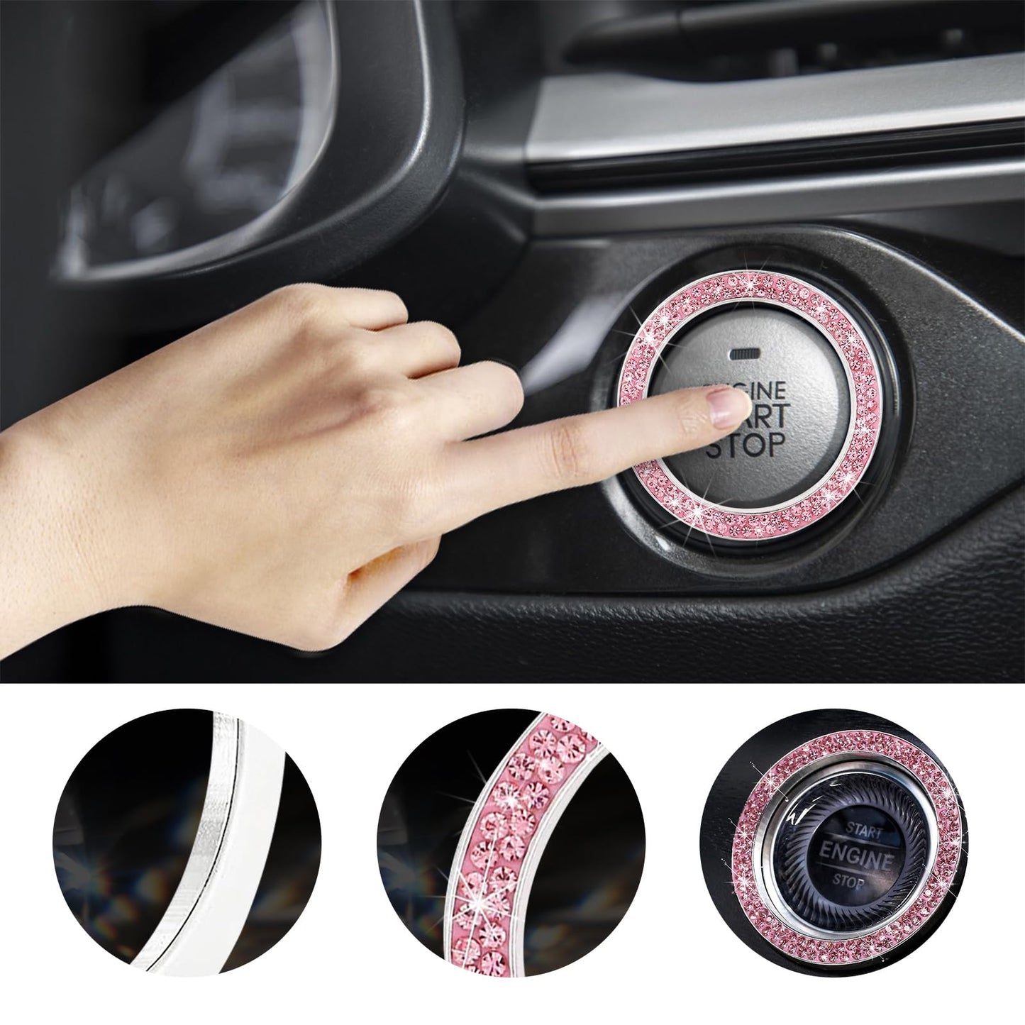 Kewucn Bling Crystal Double Rhinestone Car Engine Start Decoration Ring, Sparkling Push Start Button Sticker, Key Ignition & Knob Ring Decoration, Bling Car Interior Accessory(Pink)