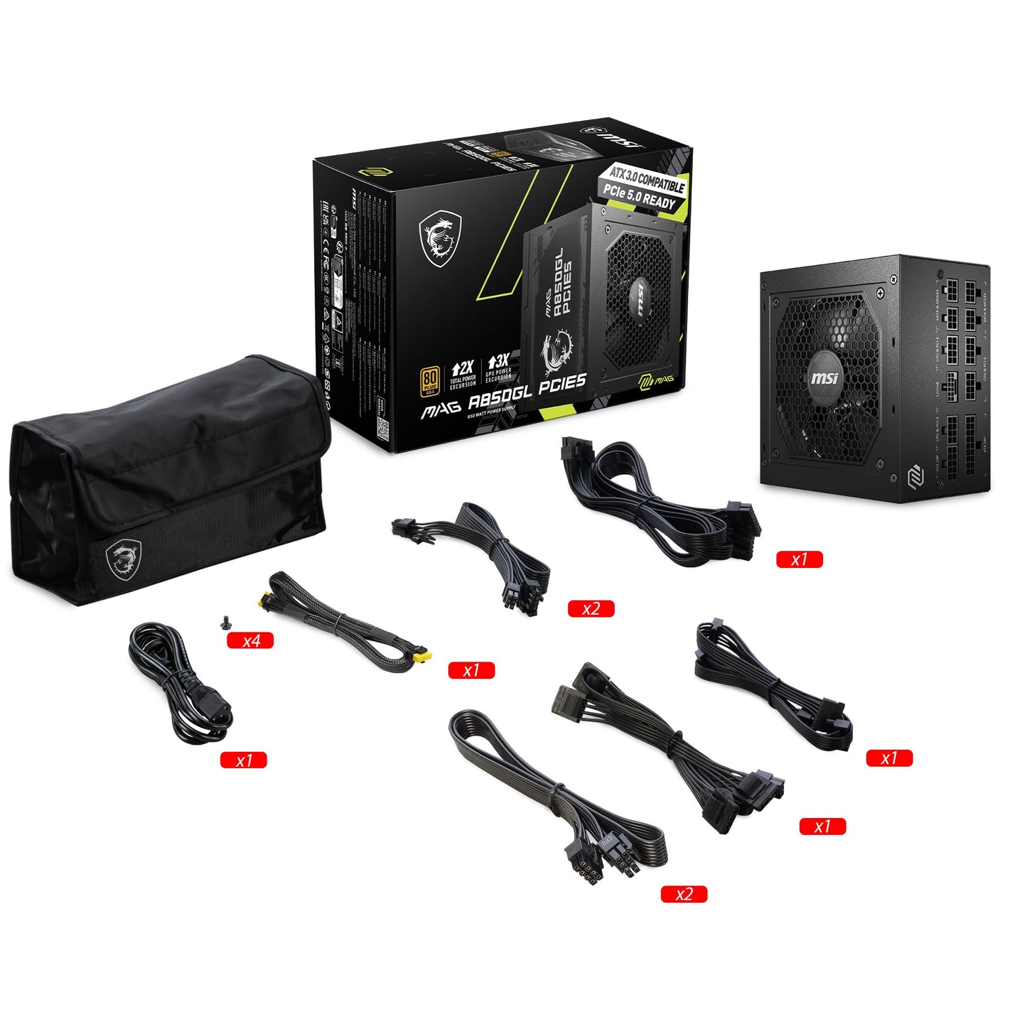 MSI MAG A850GL PCIE 5.1 & ATX 3.1 Gaming Power Supply - Full Modular - 80 Plus Gold Certified 850W - Compact Size - ATX PSU - 10 Year Warranty