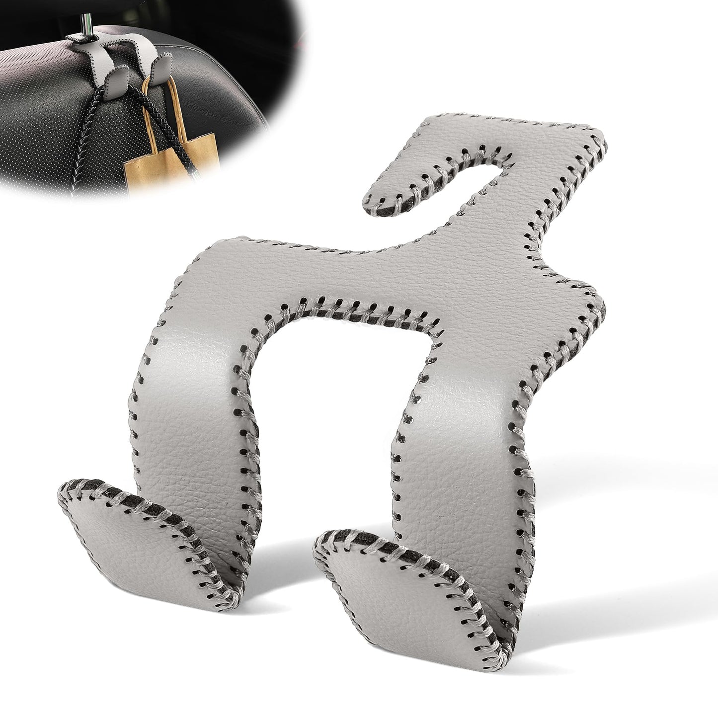 LivTee Upgraded Superior Leather Car Seat Back Headrest Hook, 2 in 1 Auto Seat Hook Hangers Holder Organization Interior Accessories for Purses Coats Umbrellas Grocery Bags Handbag (Gray)