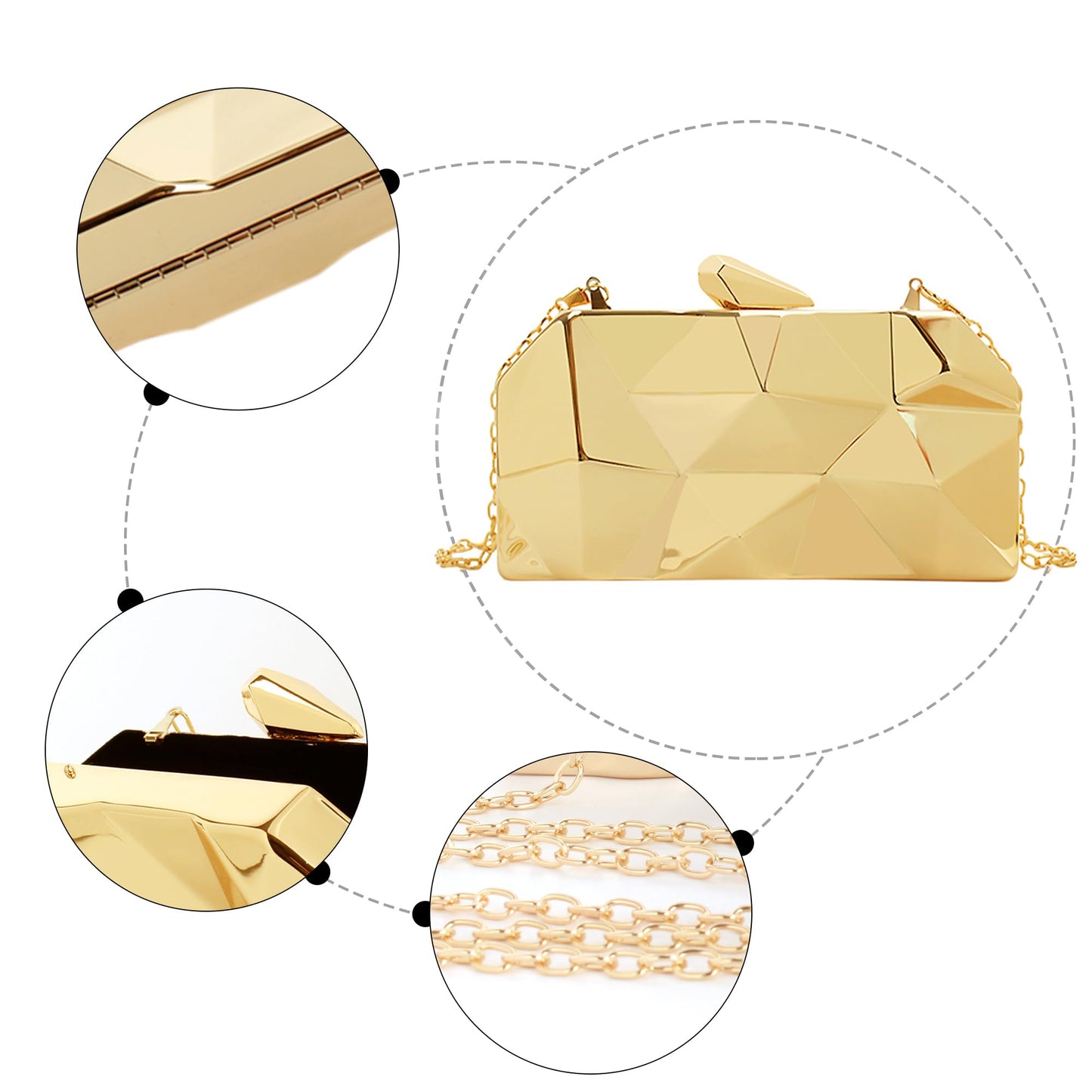 Reberomantic Women Lattice Pattern Metal Handbag Chain Geometric Evening Clutch Purse (G-Large Gold)