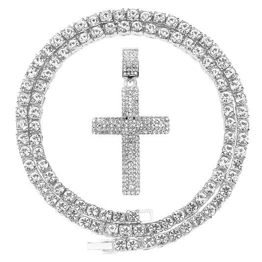 HH BLING EMPIRE Gold/Silver Diamond Cross Pendant Necklace for Men Women-Iced Out Chains with Cross Necklace 24 Inch (Cross F-Silver, & Tennis Chain)