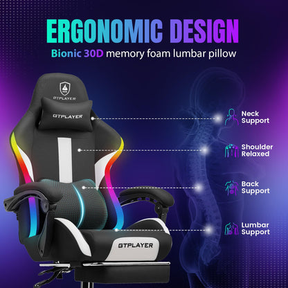 GTRACING Gaming Chair with Foot Rest & Racing Style RGB LED Lights, Breathable Fabric for Home Office Desk, Ergonomic High Back Computer Chair with Headrest & Lumbar Support, RGB Black