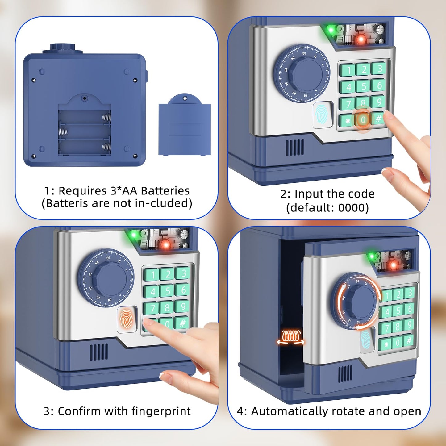 NAFEIV Piggy Bank, Automatic Electronic Piggy Bank for Kids Boys Girls with Password and Fingerprint Unlocking Simulation, Money Bank Kids Safe Toys for 3 4 5 6 7 8 9 10 Year Old Boy Girl (Navy)