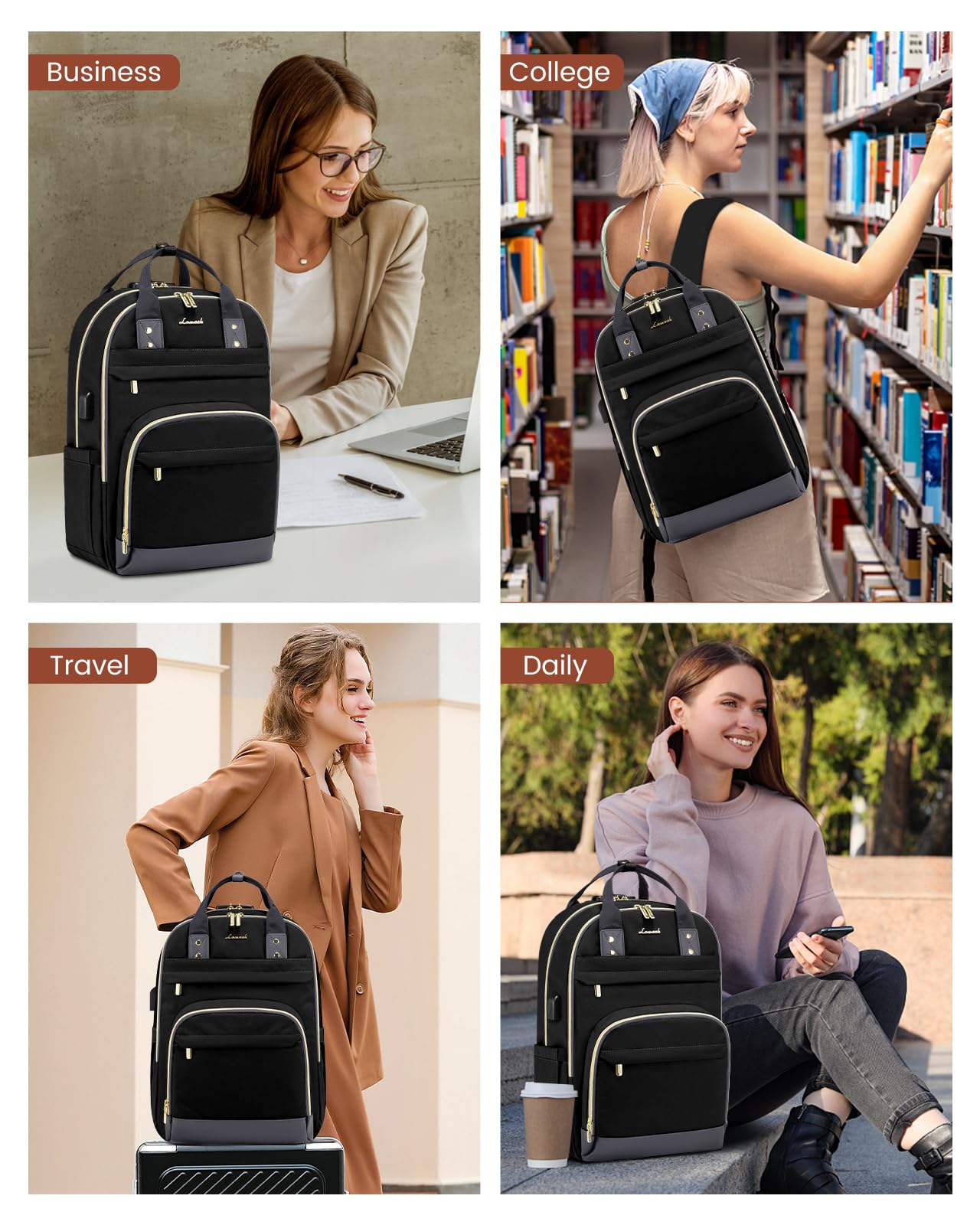 LOVEVOOK Laptop Backpack for Women, Unisex Travel Anti-theft Bag, Business Work Computer Backpacks Purse for Men, Casual Hiking Daypack with Lock, 15.6 Inch, Black-Grey