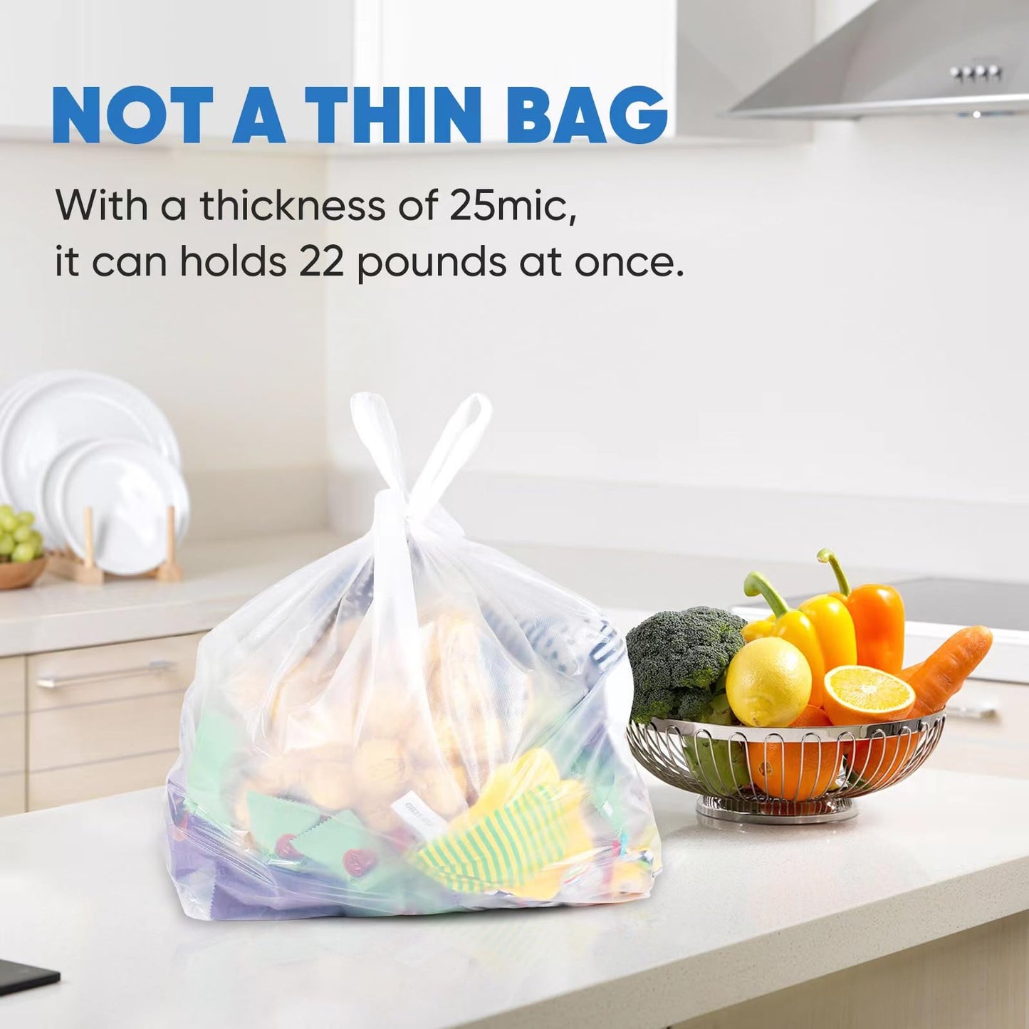LimonLaviu Plastic Bags with Handles - 310 Count, 25 Mic/1 Mil Strong White T Shirt Bags for Small Business, Restaurants - 11.5'x 6.5" x 21'