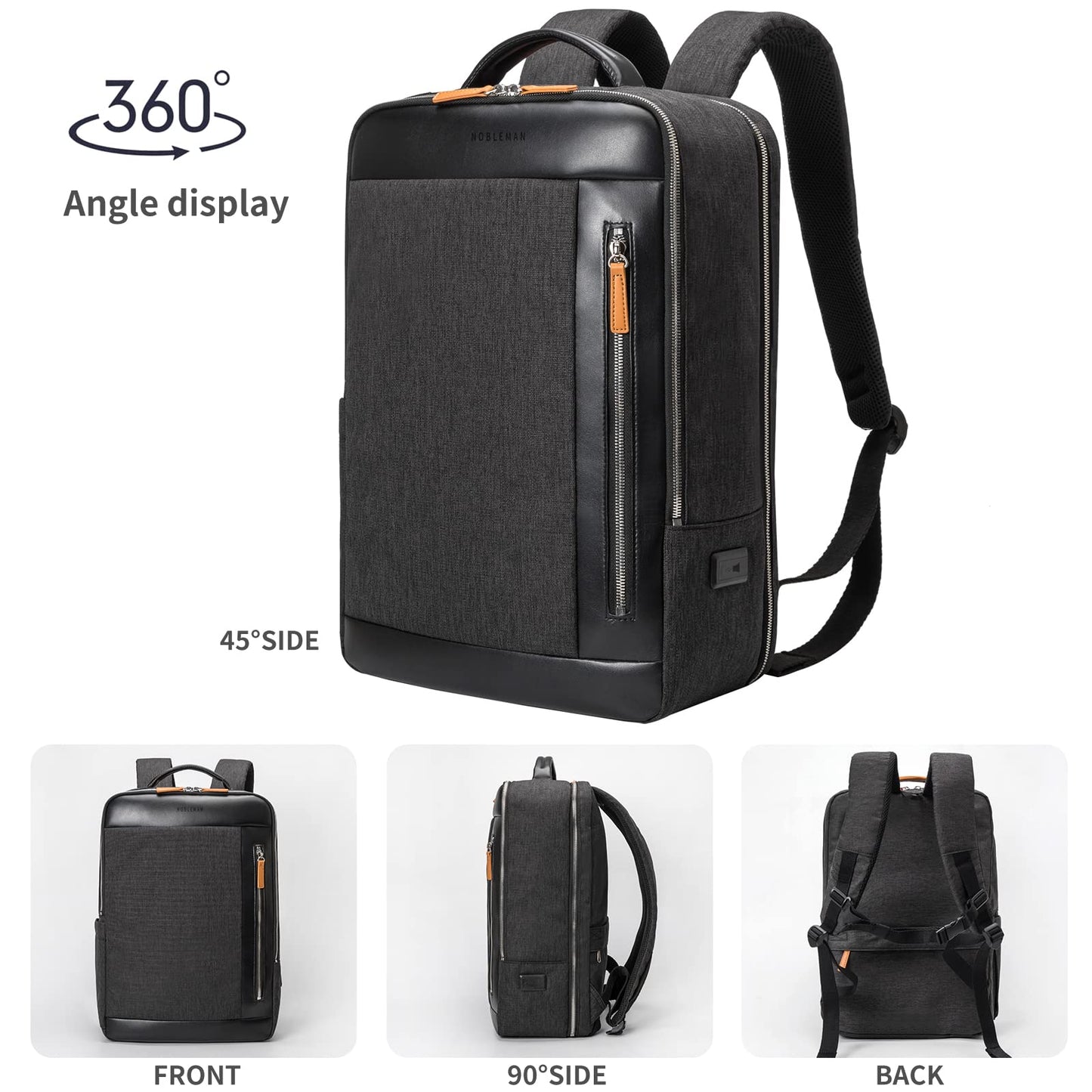 NOBLEMAN Professional Laptop Computer Backpack Men, Luxury Expandable Travel Business Office Backpacks for Executive Men, Nice Leather Waterproof College Bookbag Bag Fits 17 Inch Tech Laptop (Black) ﻿