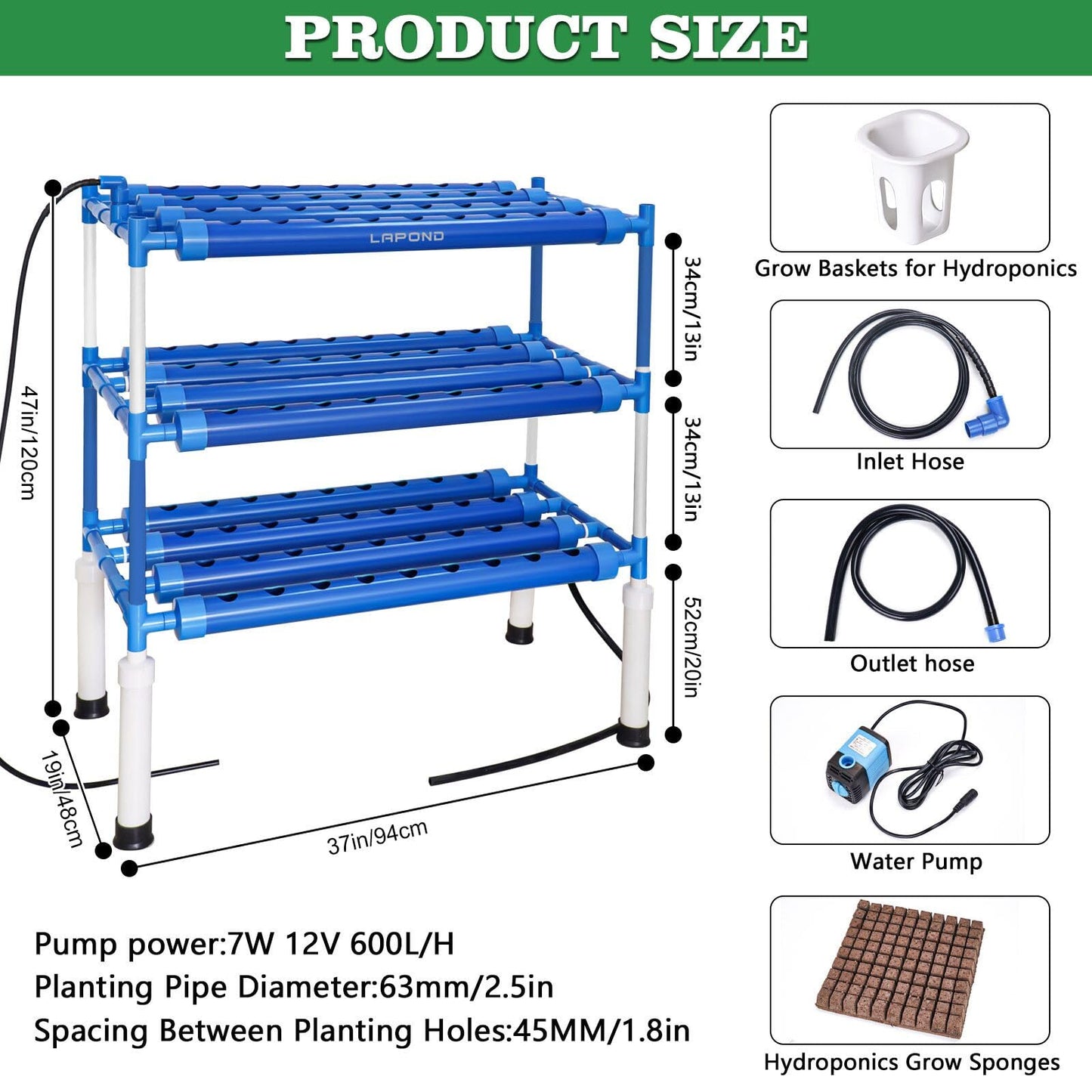 LAPOND Hydroponics Growing System Kit for Vegetables,Flowers Fruits and Herbs, with 108 Plant Sites, Suitable for Indoor and Outdoor, Block Light Design