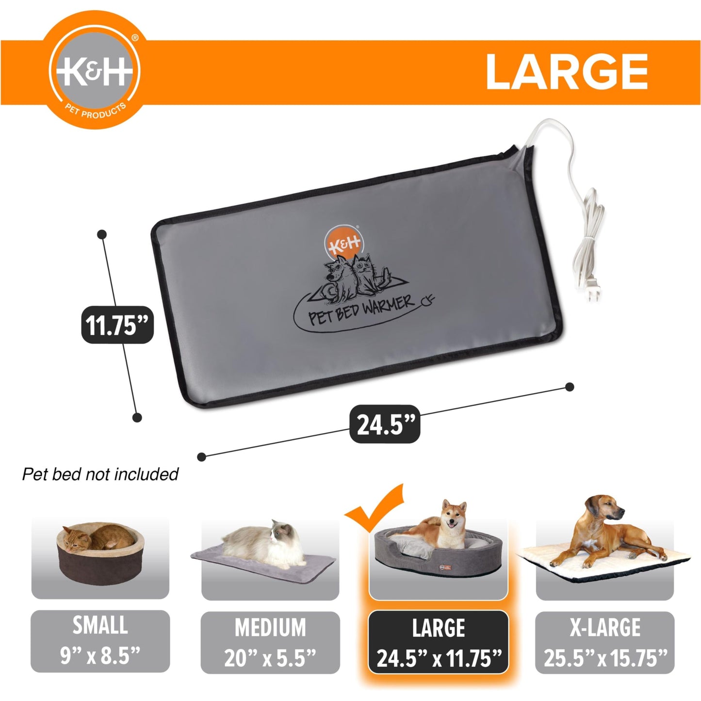 K&H Pet Products Pet Bed Warmer, Turn Any Pet Bed Into a Heated Cat or Dog Bed, Waterproof Indoor Heated Warming Pad Insert, Automatic Temperature, Safety Listed - Large 24.5 X 11.75in Gray