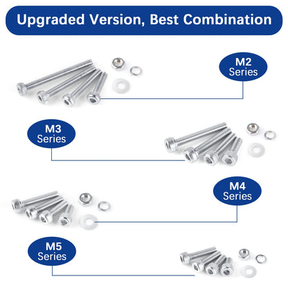 JROUTH 2000PCS M2 M3 M4 M5 Hex Socket Head Cap Screws，Bolts Nuts Washers Spring Washers Assortment Kit, 304 Stainless Steel Hex Socket Cap Metric Screws with Wrenches and Tweezers