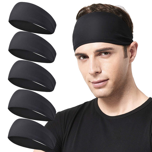 Acozycoo Mens Running Headband,5Pack,Mens Sweatband Sports Headband for Running,Cycling,Basketball,Yoga,Fitness Workout Stretchy Unisex Hairband (5 Black)