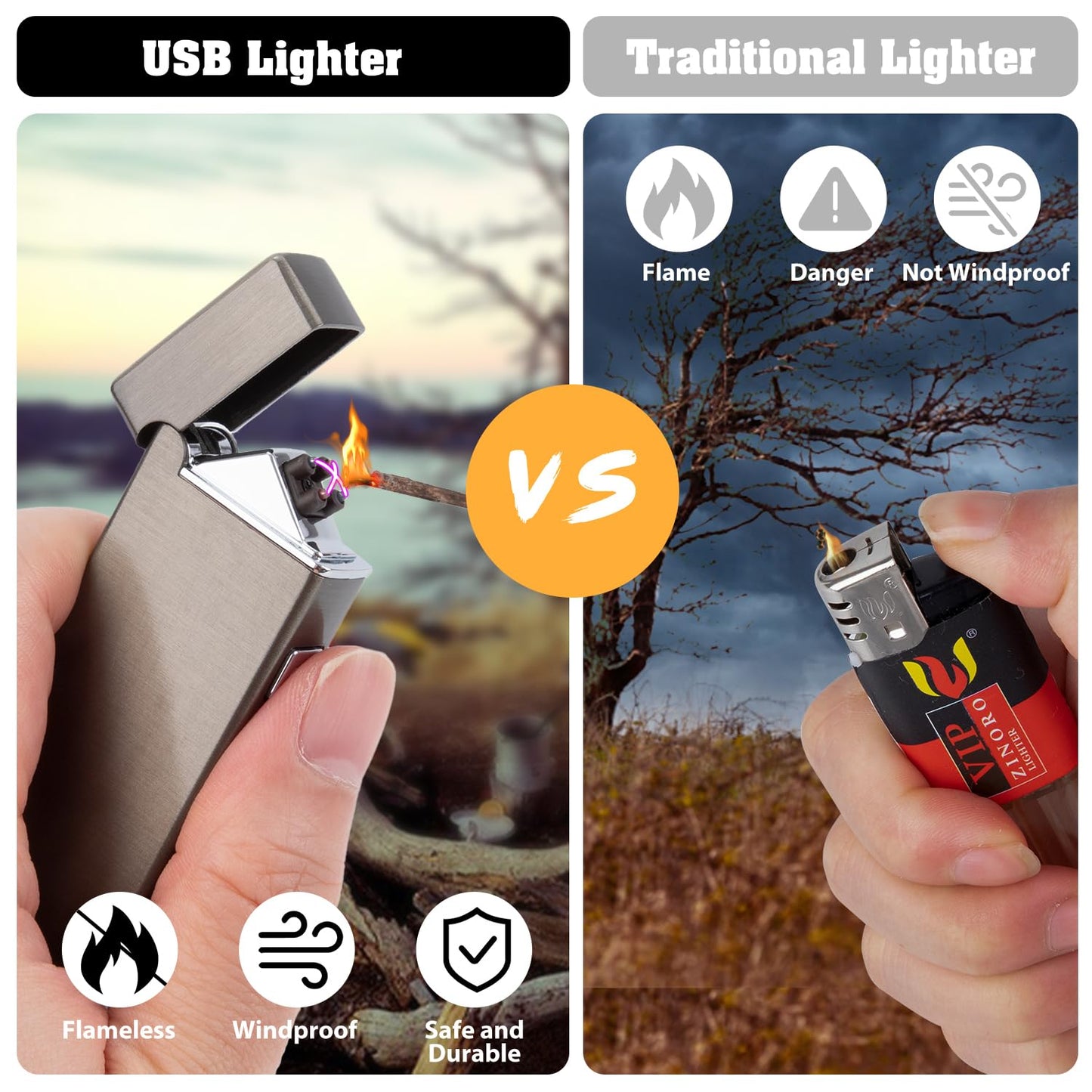 LcFun Electric USB Rechargeable Lighter Windproof Flamesless Plasma Dual Arc Lighter Small Metal Pocket Lighters for Candle, Camping Stocking Stuffers Gifts for Men (Nickel Brushed)