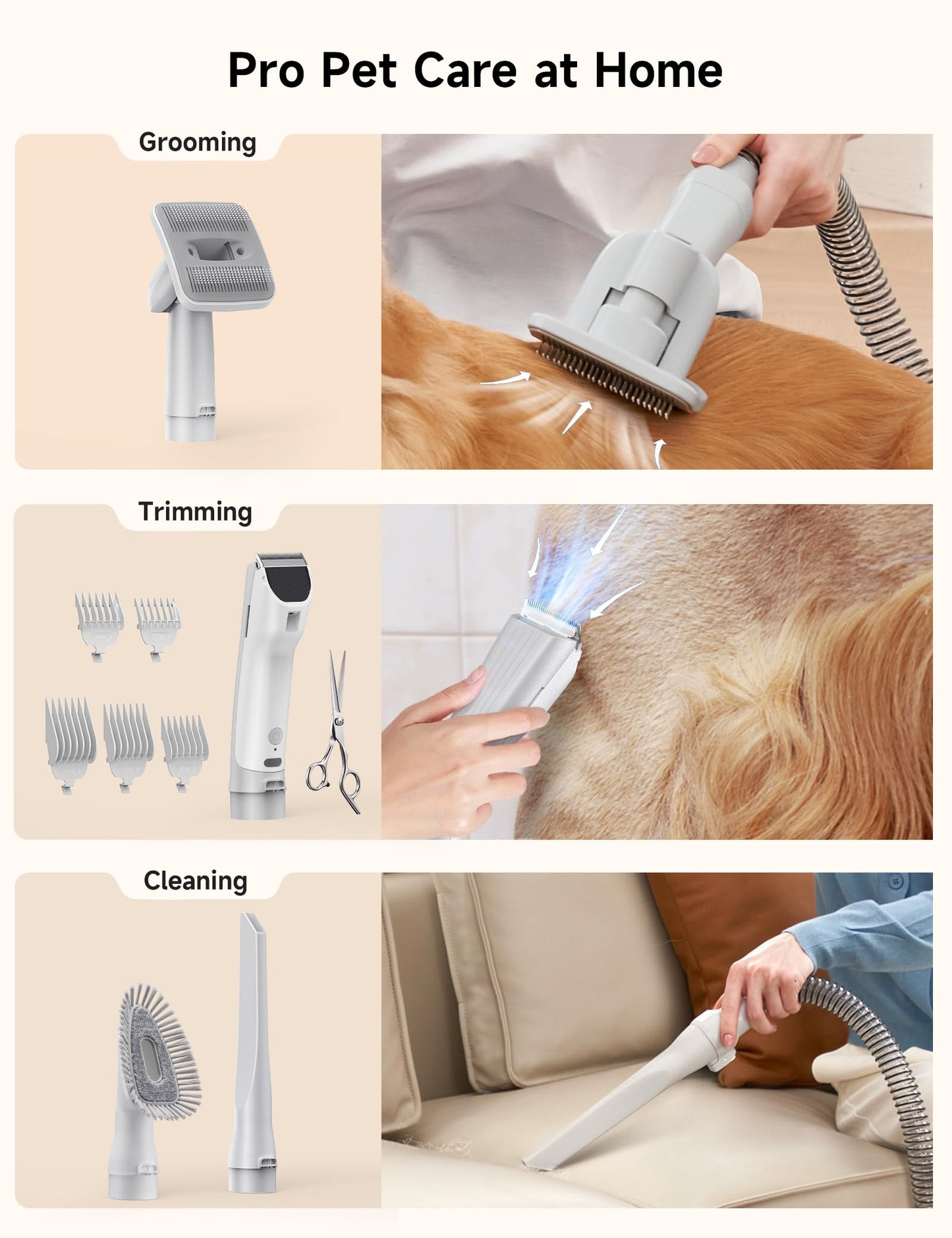 Hicozy S1+ Dog Grooming Vacuum, 12000Pa Minimum 50dB Quiet Dog Vacuum for Shedding Grooming with 2L Dust Cup, 6 Professional Pet Accessories with Clippers, Gray