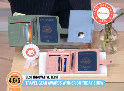 GOAUS Passport Holder for Travel with Airtag Card Slots, Money Pocket, Women Men RFID Blocking Wallet Book Case Blue
