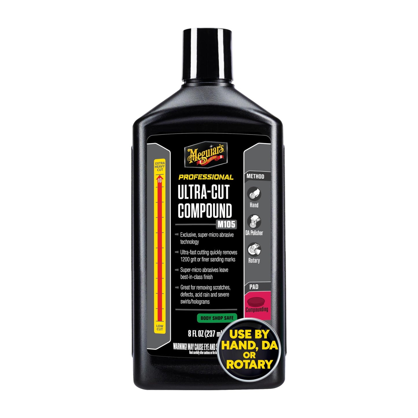 Meguiar's Mirror Glaze M105 Ultra-Cut Compound, Car Rubbing Compound for Removing Scratches and Heavy Swirls While Adding Shine, Safe and Effective on All Glossy Car Paint and Clear Coats, 8 oz