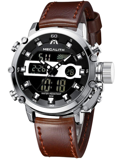 MEGALITH Mens Watches with Leather Waterproof Digital Military Sport Tactical Multifunction Heavy Duty Led Silver Watch for Men, Alarm Stopwatch