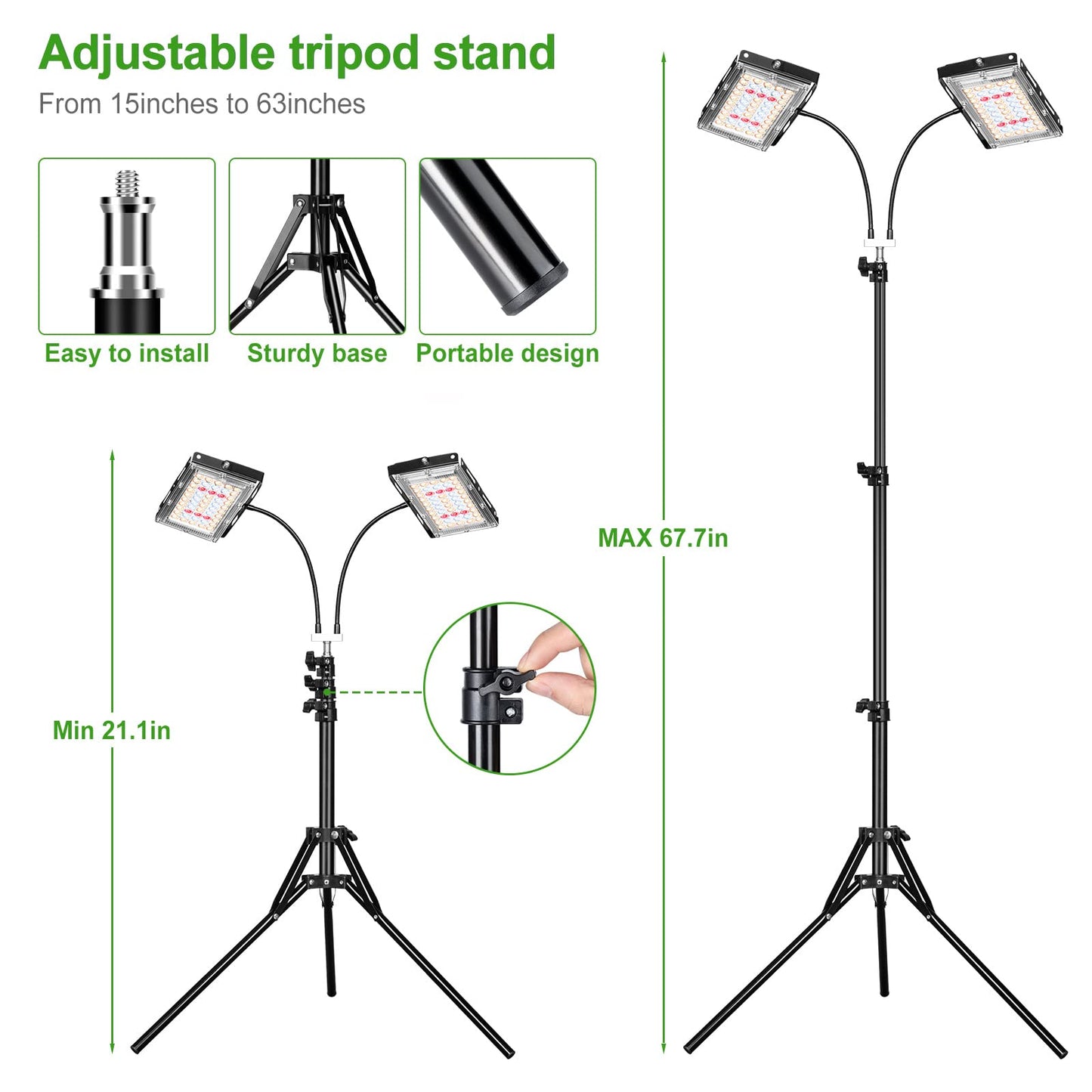 LBW Grow Light for Indoor Plants, Dual Heads Full Spectrum LED, Auto On/Off Timer, 6 Dimmable Levels, 3 Switch Modes, Adjustable Tripod Stand 15-63 inches