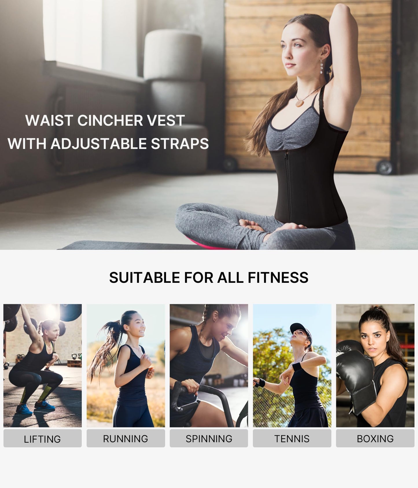 Nebility Women Waist Trainer Corset Zipper Vest Body Shaper Cincher Tank Top with Adjustable Straps (L, Black)