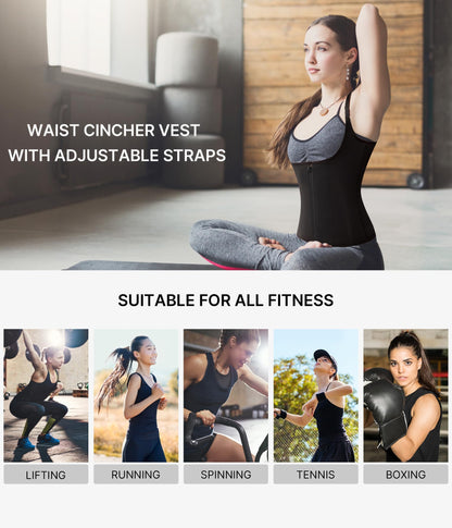 Nebility Women Waist Trainer Corset Zipper Vest Body Shaper Cincher Tank Top with Adjustable Straps (L, Black)