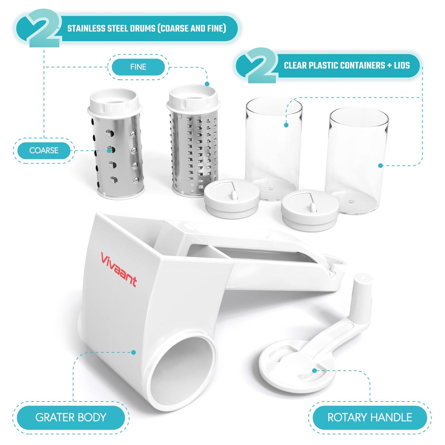 Restaurant-Grade Italian Cuisine Parmesan Cheese Grater - Perfect Heavy-Duty Rotary Cheese Grater with Handle - Effortlessly Shred and Shave Cheese with 2 Easy to clean Stainless Steel Drum Blades