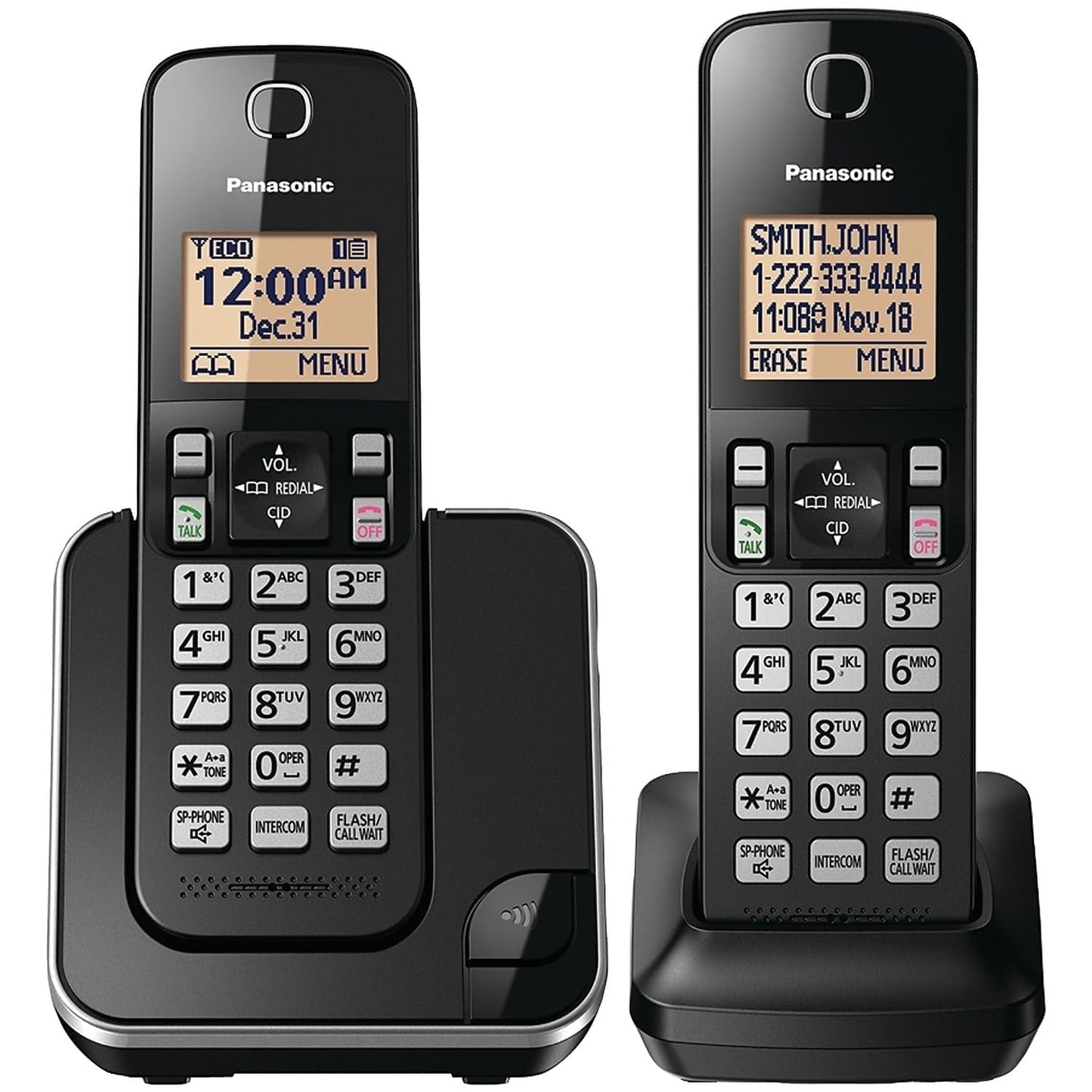 Panasonic Expandable Cordless Phone System with Amber Backlit Display – 2 Handsets – KX-TGC352B (Black)