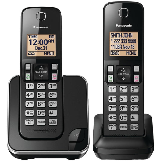 Panasonic Expandable Cordless Phone System with Amber Backlit Display – 2 Handsets – KX-TGC352B (Black)
