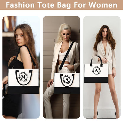 Adoryoung Monogram Personalized Initial Canvas Tote Bags for Women, Double-sided Embroidery Tote Beach Bags Gifts for Women (P)