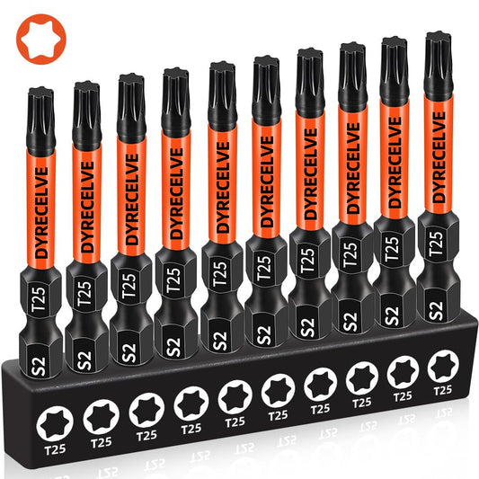 10-Pack T25 Torx Bits for Impact Driver, T-25 Torx/Star Bit Set 2'' Long, Magnetic Torque Head, Premium S2 Alloy Steel, 1/4'' Hex-Shank for Professional & DIY Use