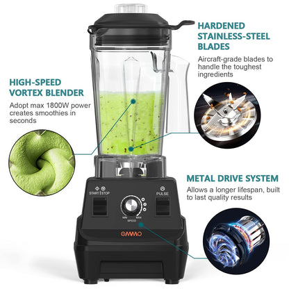 OMMO Blender 1800W, Professional High Speed Countertop Blender with Durable Stainless Steel Blades, 60oz BPA Free Blender for Shakes and Smoothies, Nuts, Ice and Fruits, Dishwasher Safe