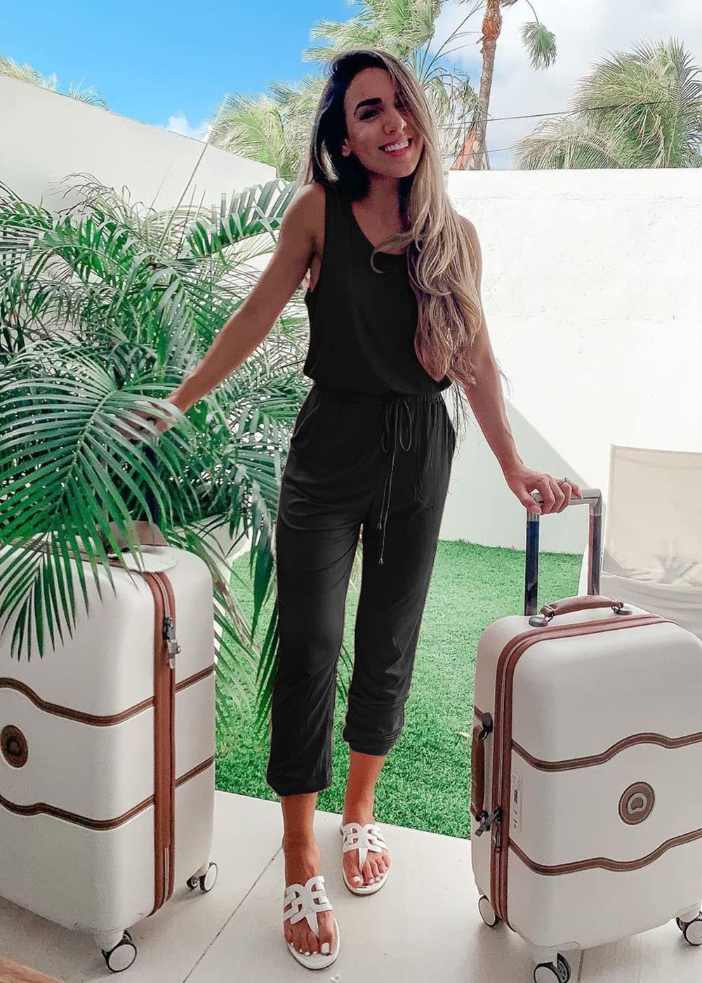 PRETTYGARDEN Women's Two Piece Outfit Sets Casual Summer Sleeveless Crewneck Tops and Sweatpants Active Tracksuit Lounge Wear (Black,Medium)