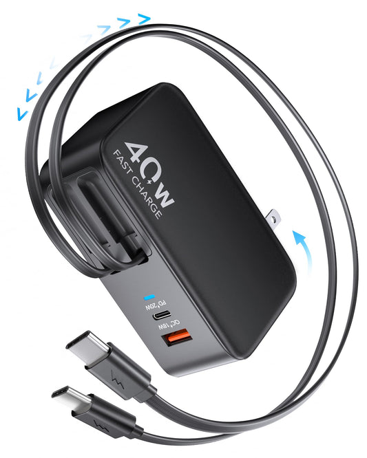 Retractable USB C Charger Wall Plug with Dual 35.5in/90cm Type C Cables Cords,40W Fast Charging Foldable Block Multi Charger for All Devices for iPhone 16/15/14/13/12/11,iPad,Galaxy,Pixel