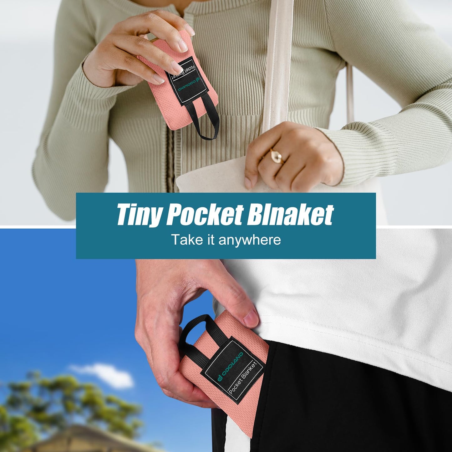 Odoland Beach Picnic Blanket, 43.3" x 27.5" SandProof Waterproof Outdoor Pocket Blanket with Portable Bag, Foldable Lightweight Sand Free Beach Mat for 1 People Hiking, Camping, Travel, Pink